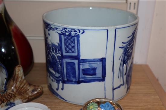 A quantity of Chinese and other porcelain including tea bowls, a bottle vase and a large blue and white brush pot